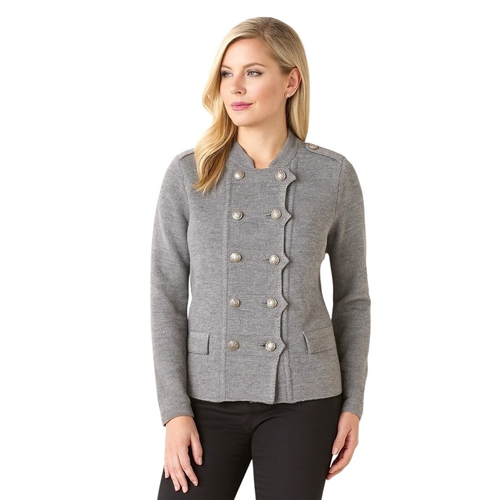 Ann Taylor Loft Military Style Jacket Gray Size Large Y2K Double Breasted Wool